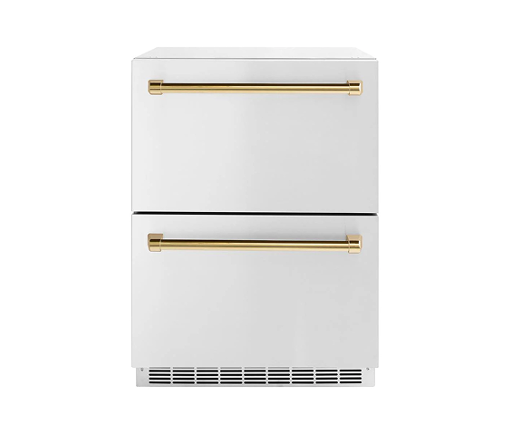 ZLINE Autograph Edition 24 in. Touchstone 168 Can Outdoor-Rated Dual Refrigerator Drawer with Stainless Steel Doors and Polished Gold Handles (RDSOZ-ST-24-G)