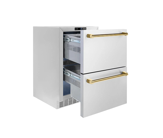 ZLINE Autograph Edition 24 in. Touchstone 168 Can Outdoor-Rated Dual Refrigerator Drawer with Stainless Steel Doors and Polished Gold Handles (RDSOZ-ST-24-G)