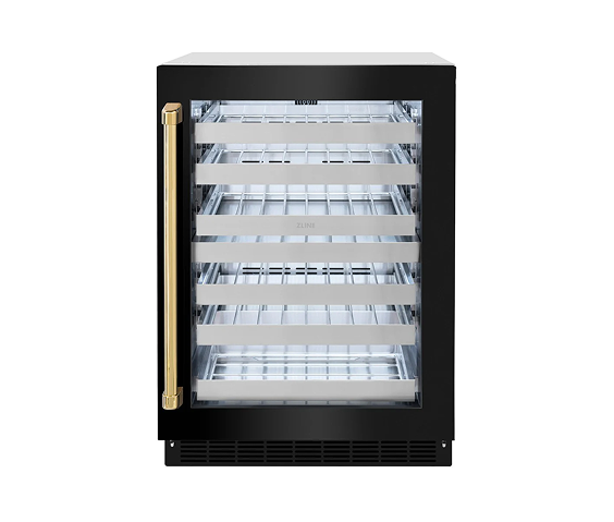 ZLINE Autograph Edition 24 in. Touchstone Dual Zone 44 Bottle Wine Cooler With Black Stainless Steel Glass Door And Polished Gold Handle (RWDOZ-BS-24-G)