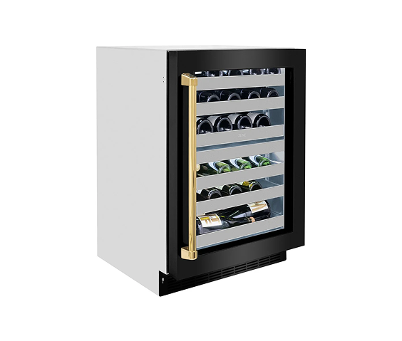 ZLINE Autograph Edition 24 in. Touchstone Dual Zone 44 Bottle Wine Cooler With Black Stainless Steel Glass Door And Polished Gold Handle (RWDOZ-BS-24-G)